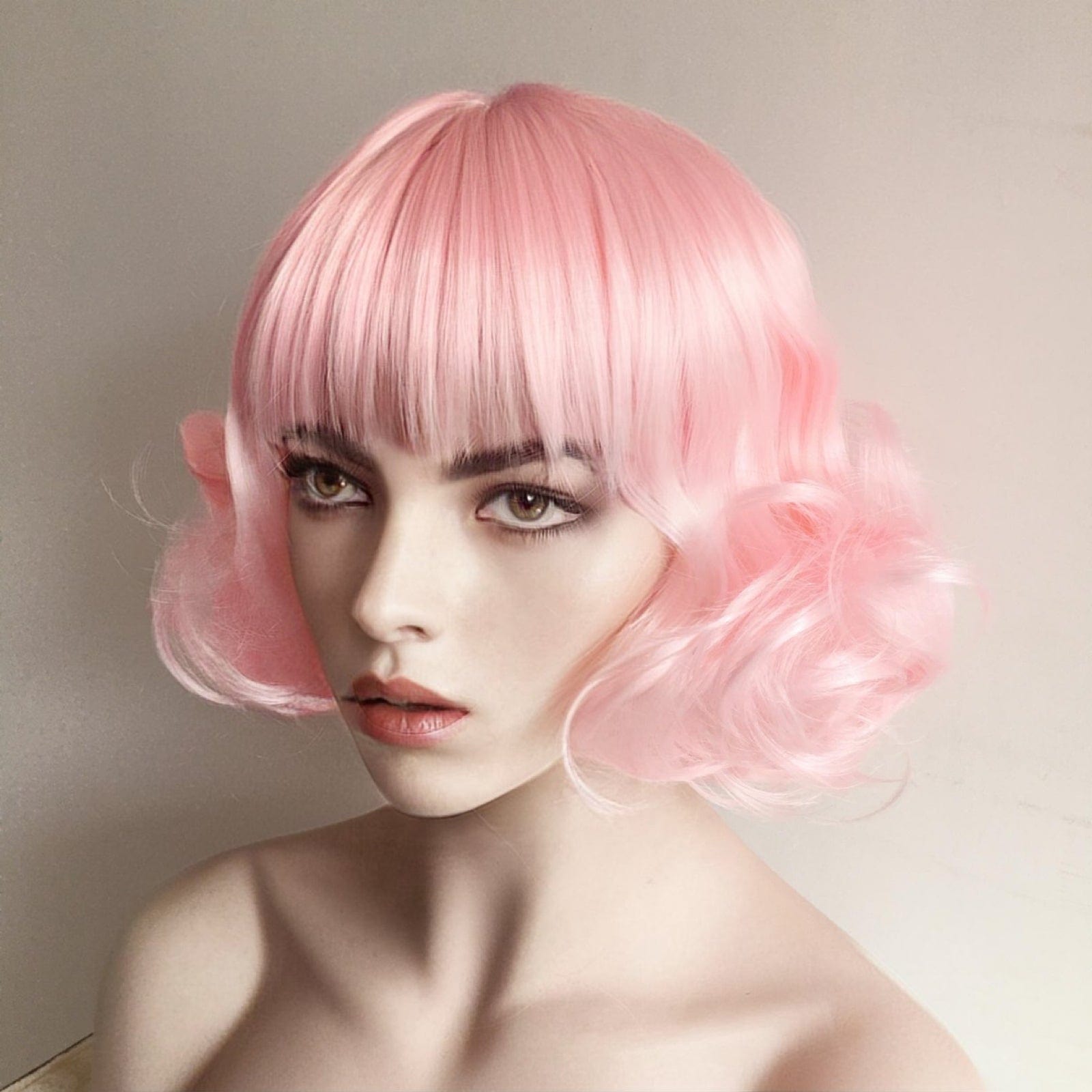 nevermindyrhead Women Pink Short Curly Fringe Bangs Lolita Wig