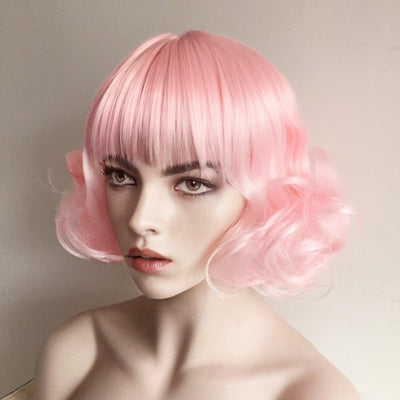 Women Pink Short Curly Fringe Bangs Lolita Wig