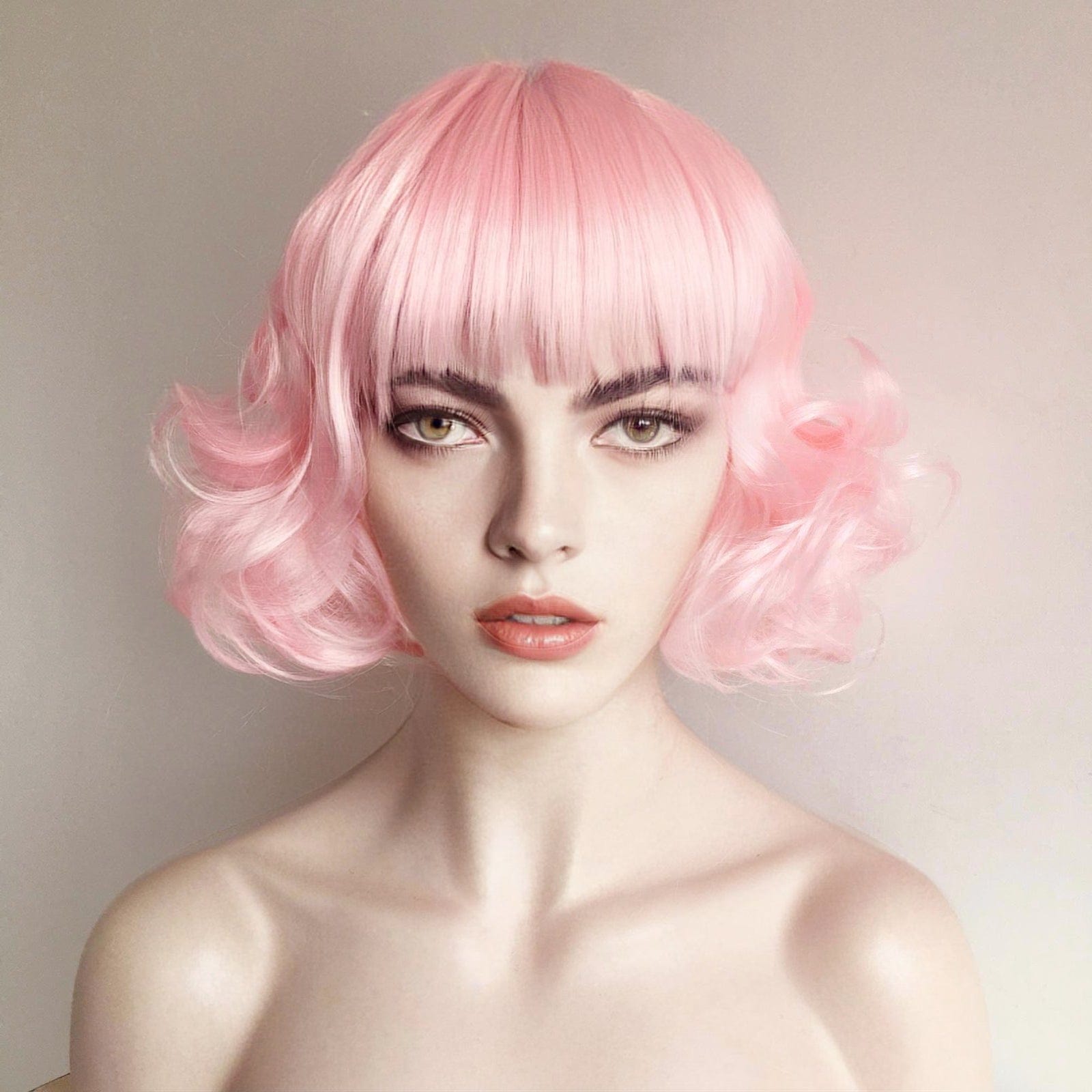 nevermindyrhead Women Pink Short Curly Fringe Bangs Lolita Wig