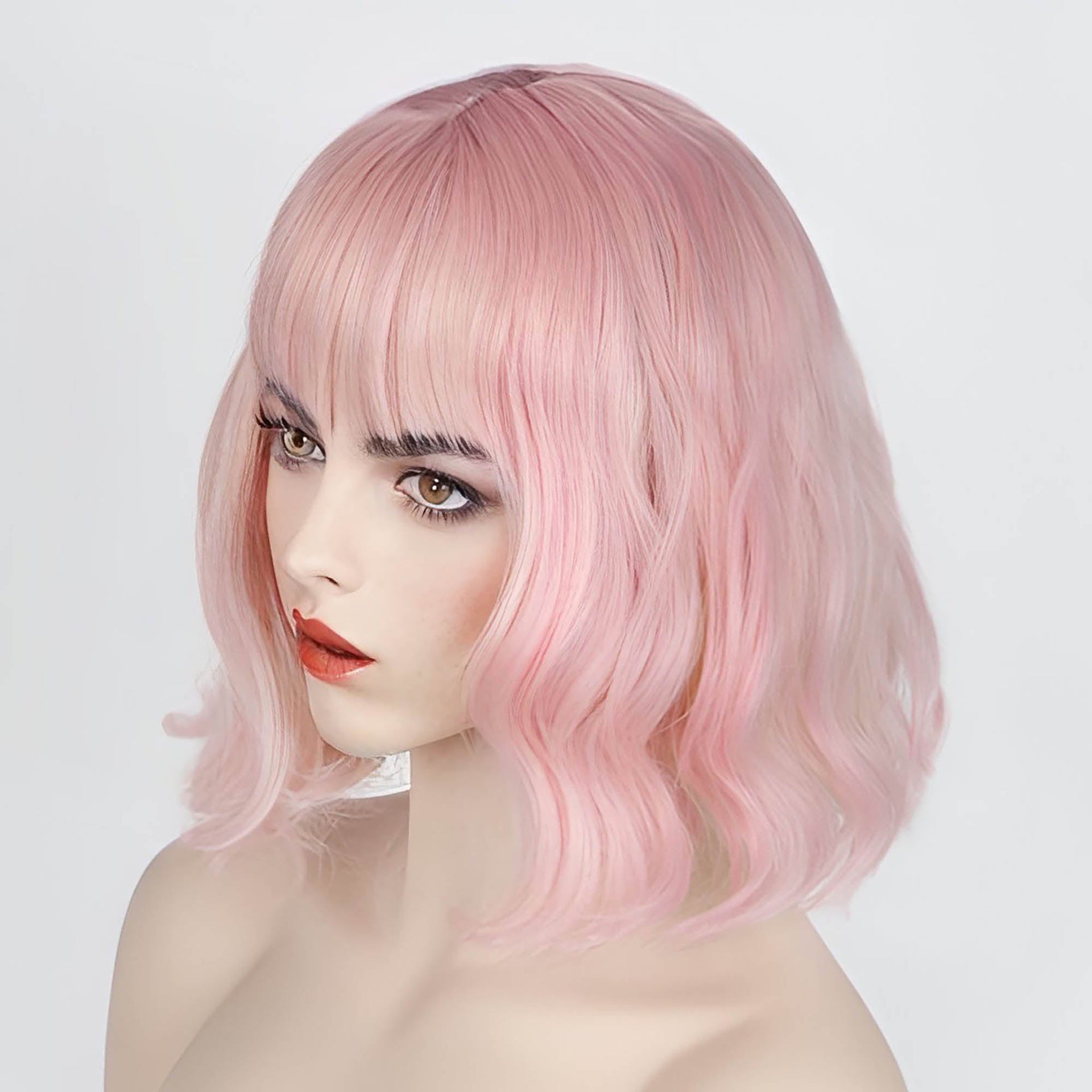 nevermindyrhead Women Pink Short Wavy Fringe Air Bangs Lolita Bob Wig With Yellow Highlight