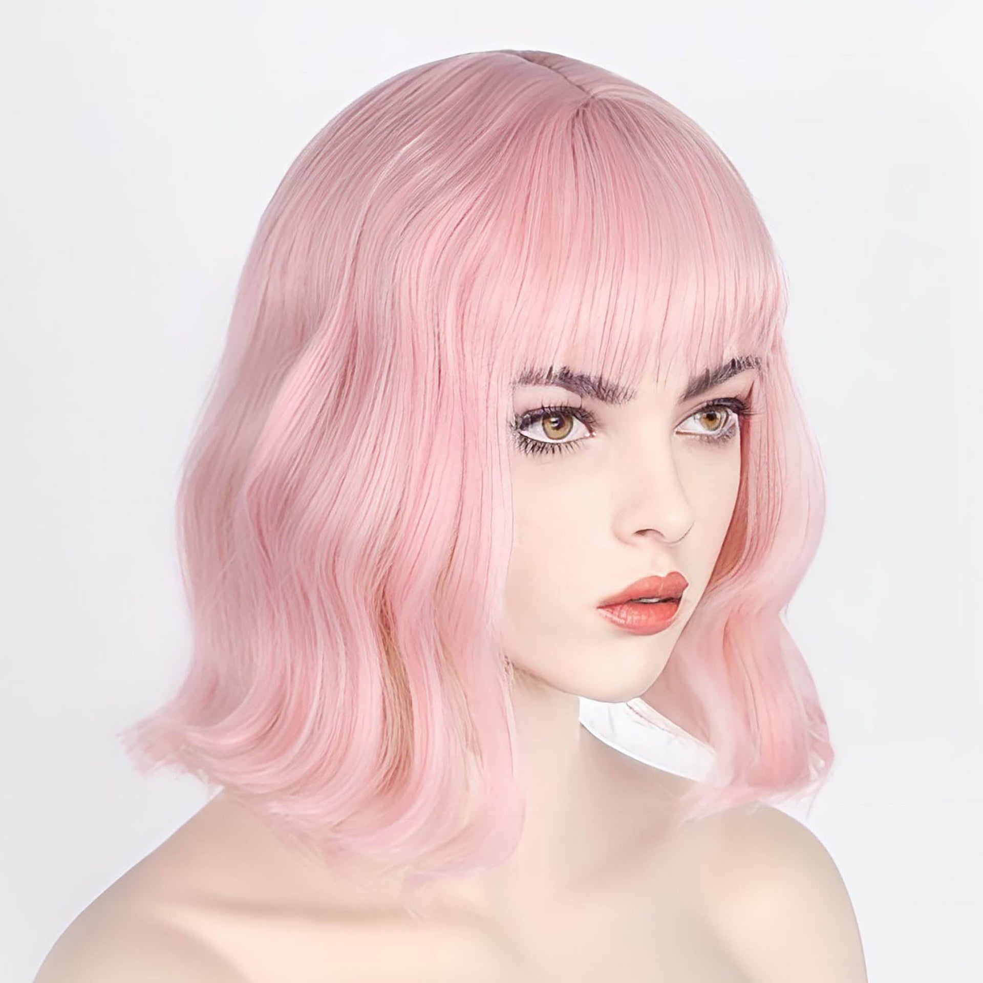 nevermindyrhead Women Pink Short Wavy Fringe Air Bangs Lolita Bob Wig With Yellow Highlight