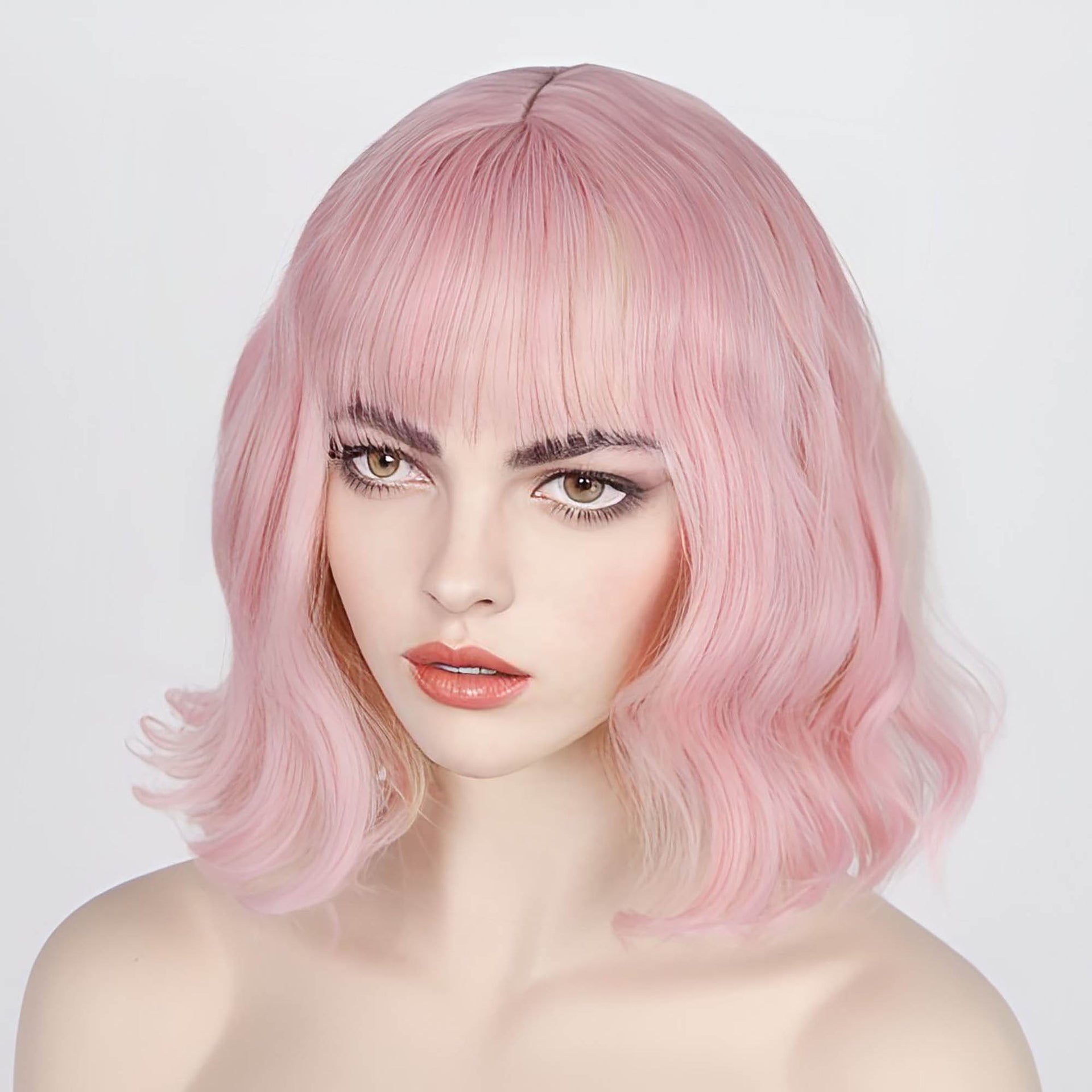 nevermindyrhead Women Pink Short Wavy Fringe Air Bangs Lolita Bob Wig With Yellow Highlight