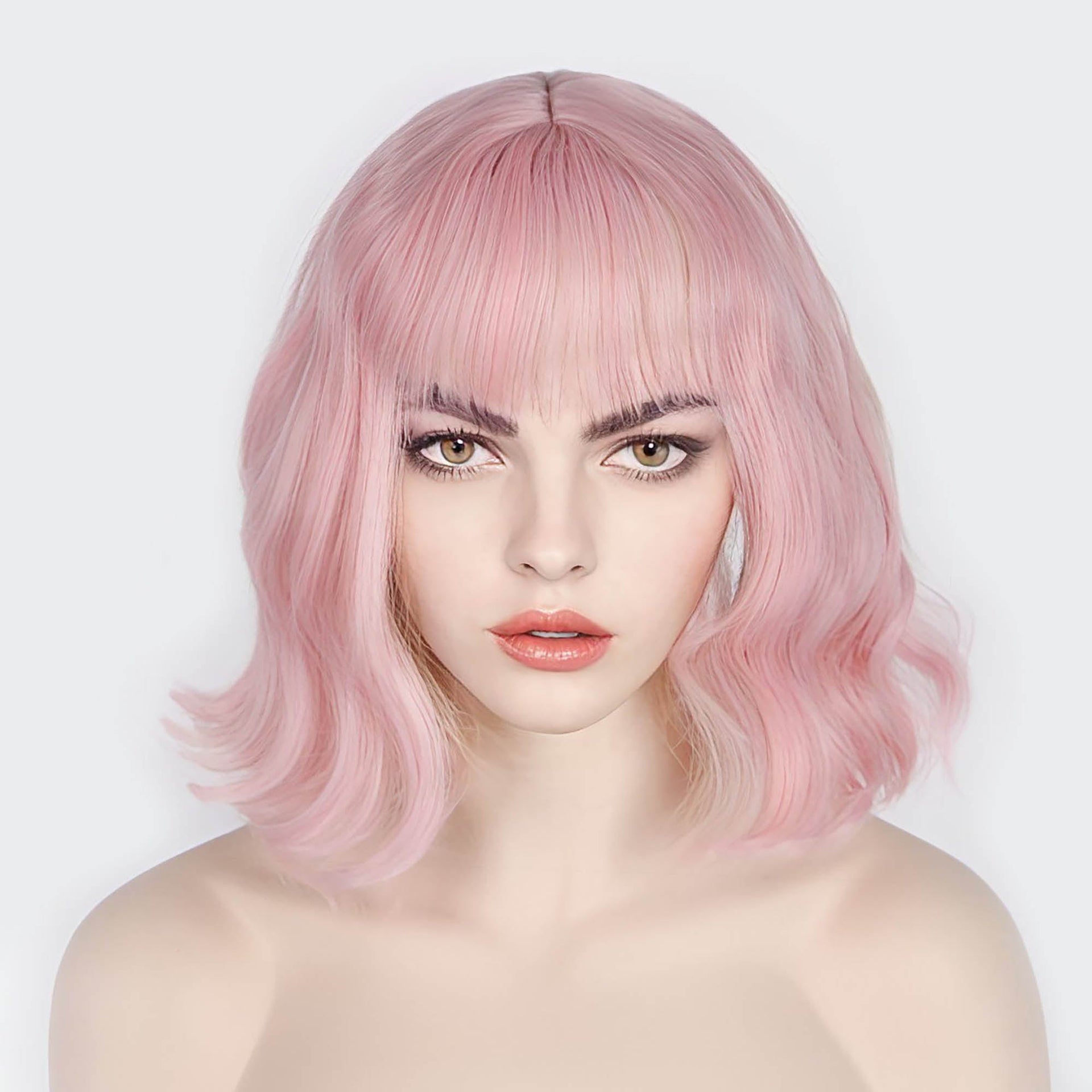 nevermindyrhead Women Pink Short Wavy Fringe Air Bangs Lolita Bob Wig With Yellow Highlight