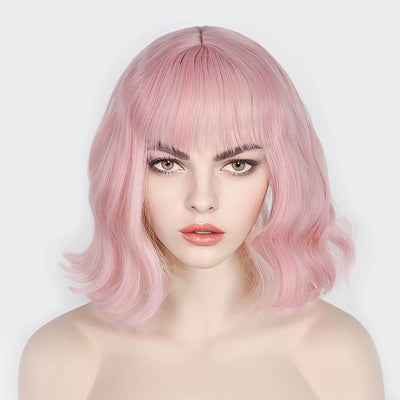 Women Pink Short Wavy Fringe Air Bangs Lolita Bob Wig With Yellow Base