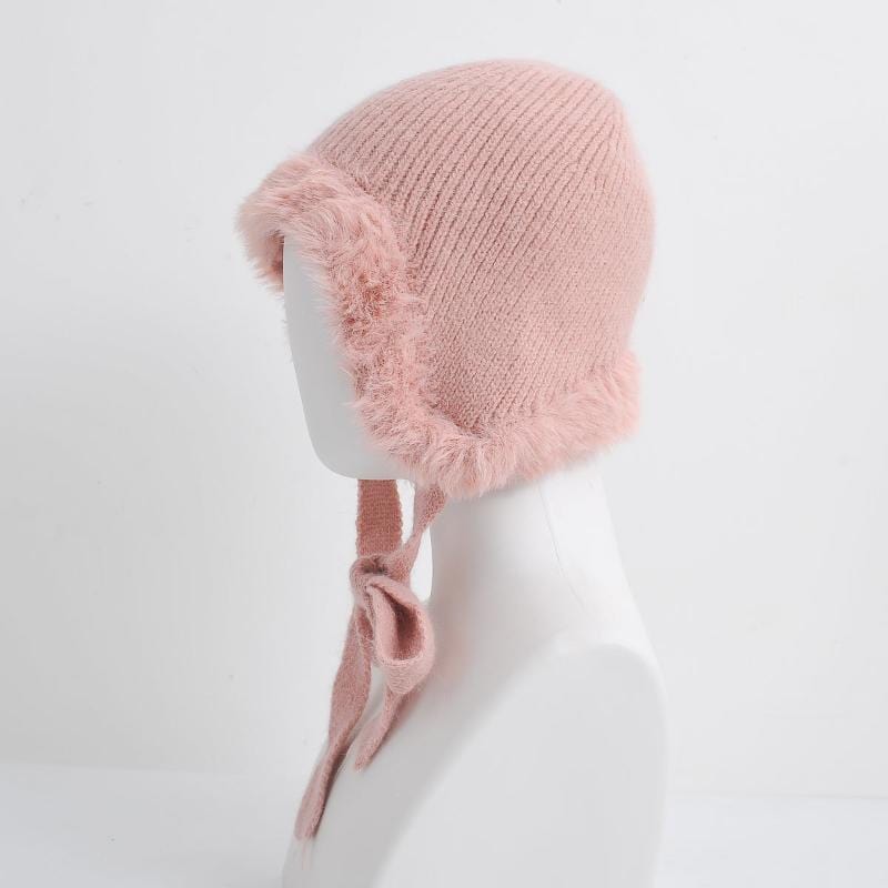 nevermindyrhead Women Pink Trapper Beanie Warm Winter Hat With String And Faux Fur