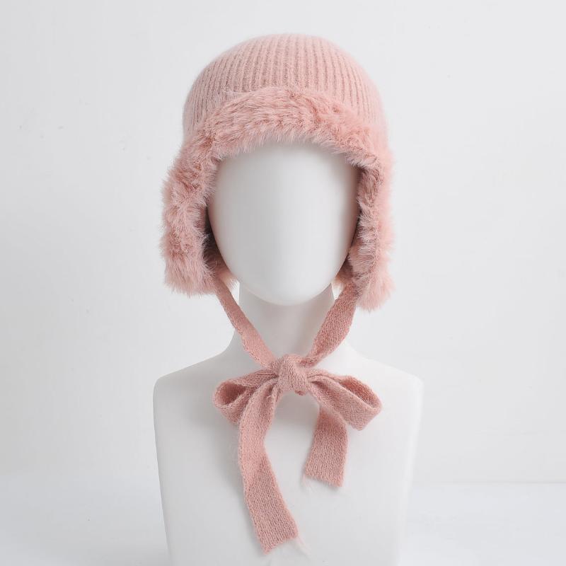 nevermindyrhead Women Pink Trapper Beanie Warm Winter Hat With String And Faux Fur