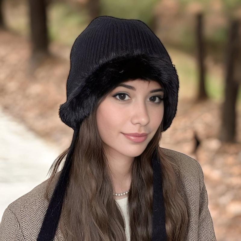 nevermindyrhead Women Pink Trapper Beanie Warm Winter Hat With String And Faux Fur Black