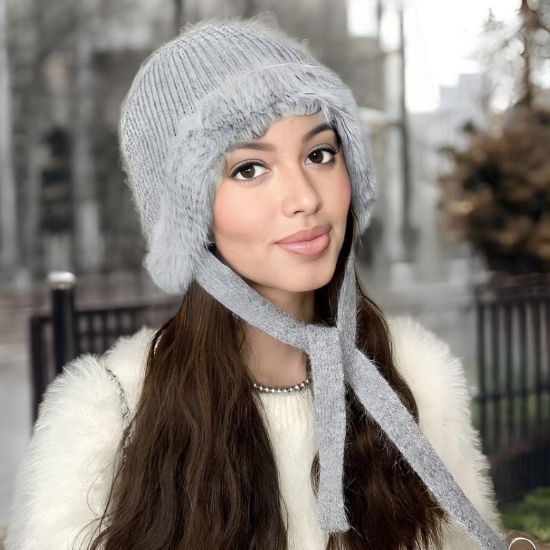 nevermindyrhead Women Pink Trapper Beanie Warm Winter Hat With String And Faux Fur Gray