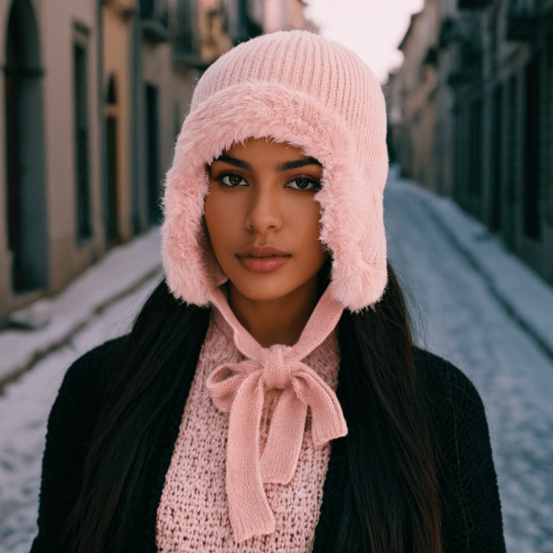 nevermindyrhead Women Pink Trapper Beanie Warm Winter Hat With String And Faux Fur Pink