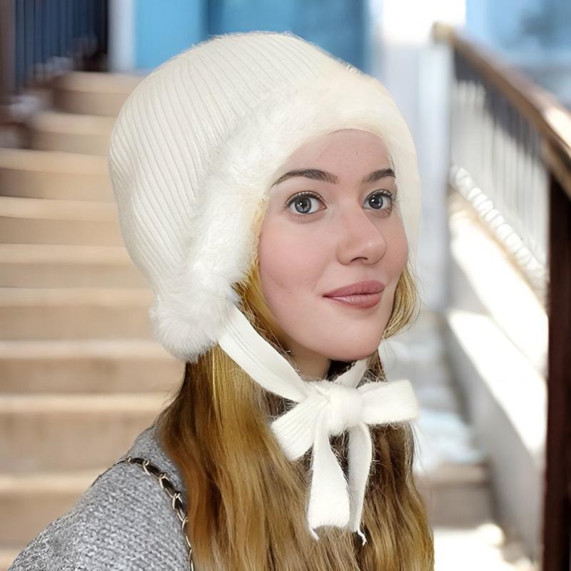 nevermindyrhead Women Pink Trapper Beanie Warm Winter Hat With String And Faux Fur White