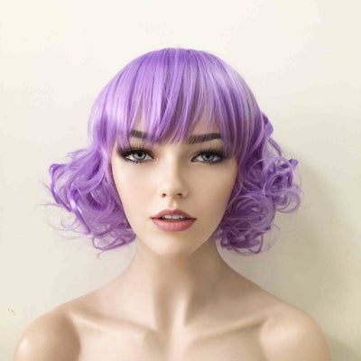 Women Purple Short Curly Fringe Bangs Lolita Wig