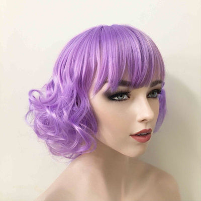Women Purple Short Curly Fringe Bangs Lolita Wig