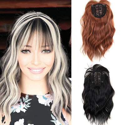Women Salt And Pepper Ombre Hair Toppers 14 Inches Clip In Hairpiece with Bangs Hair Toupee for Thinning Hair