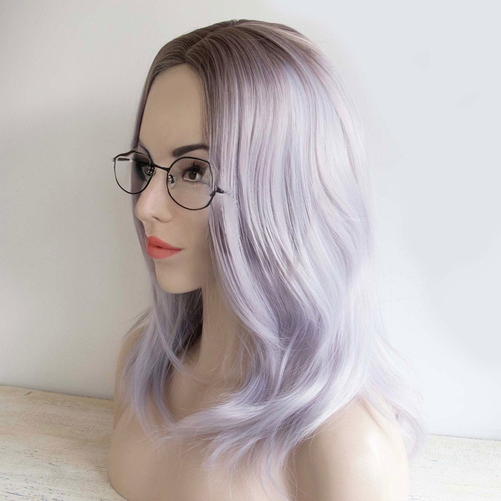 nevermindyrhead Women Silver Gray Light Purple Shades Ombre Dark Root Long Straight Hair Side Part Wig