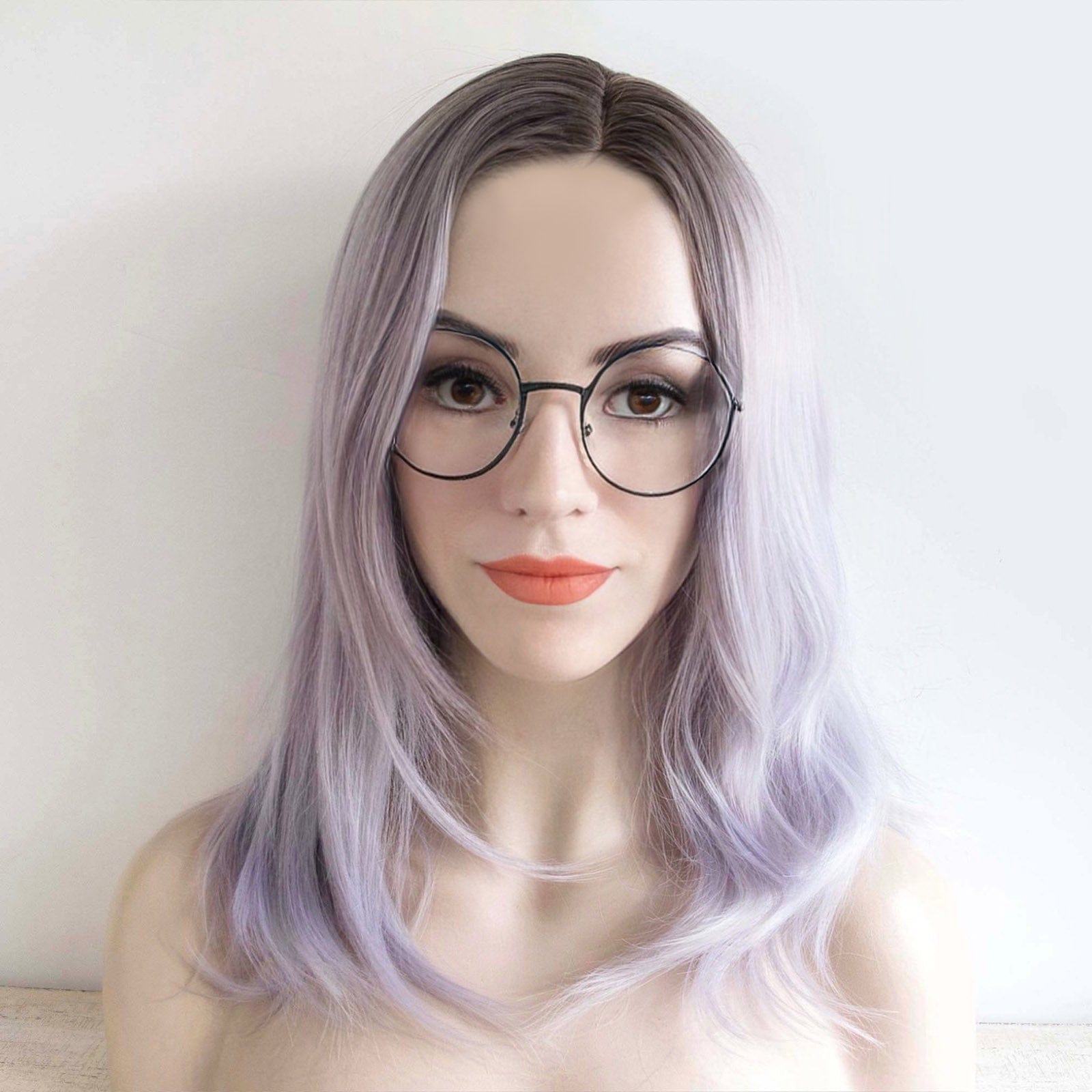 nevermindyrhead Women Silver Gray Light Purple Shades Ombre Dark Root Long Straight Hair Side Part Wig