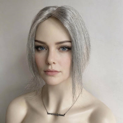 Women Silver Gray Salt And Pepper Human Hair Topper For Thinning Hair Straight Clip-In