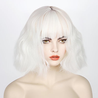 Women Snow White Wavy Fluffy Short Bob Fringe Bangs Wig