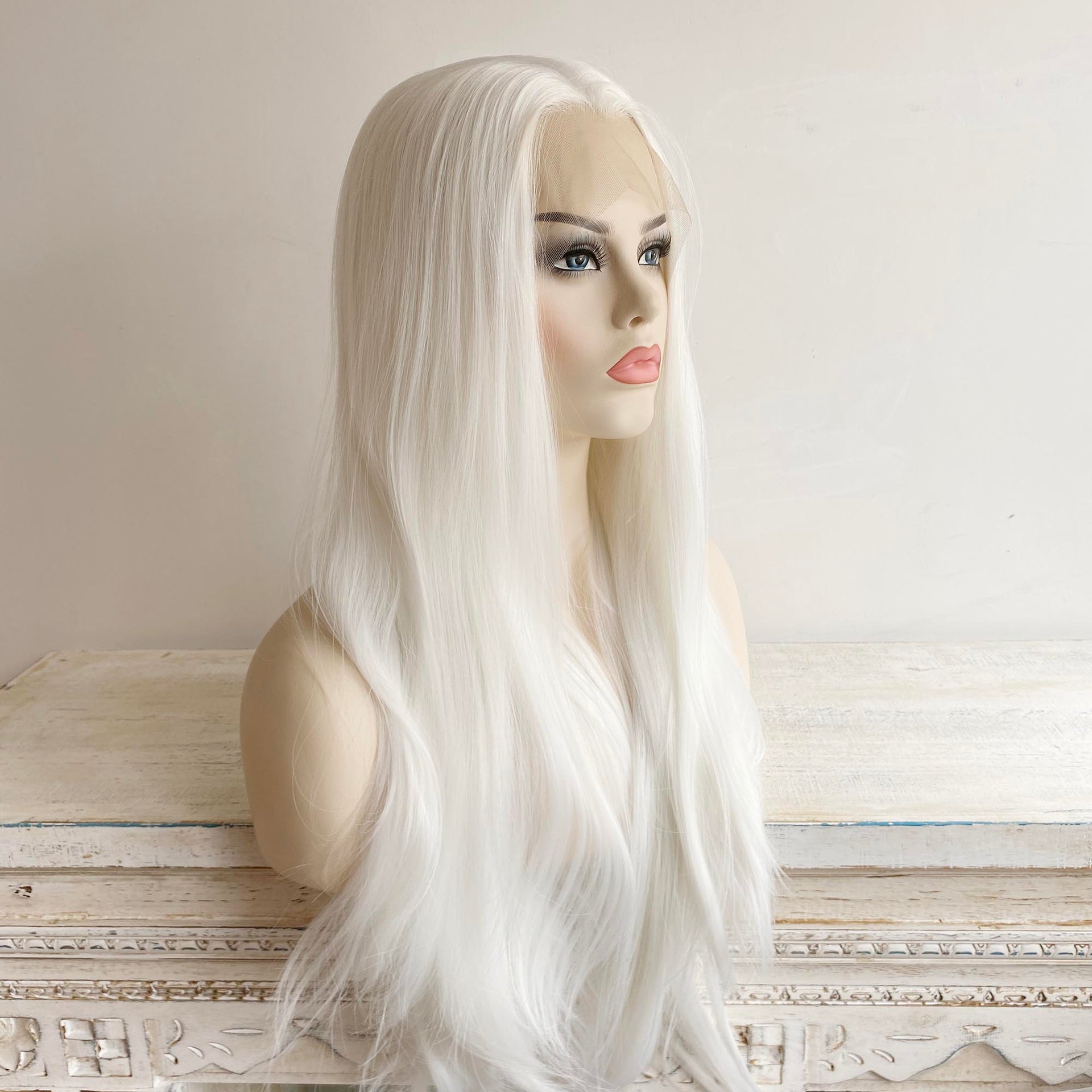 nevermindyrhead Women White Lace Front Long Straight Widow's Peak Hairline Slicked Back Hair Wig