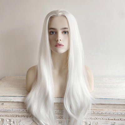 Women White Lace Front Long Straight Widow's Peak Hairline Slicked Back Hair Wig