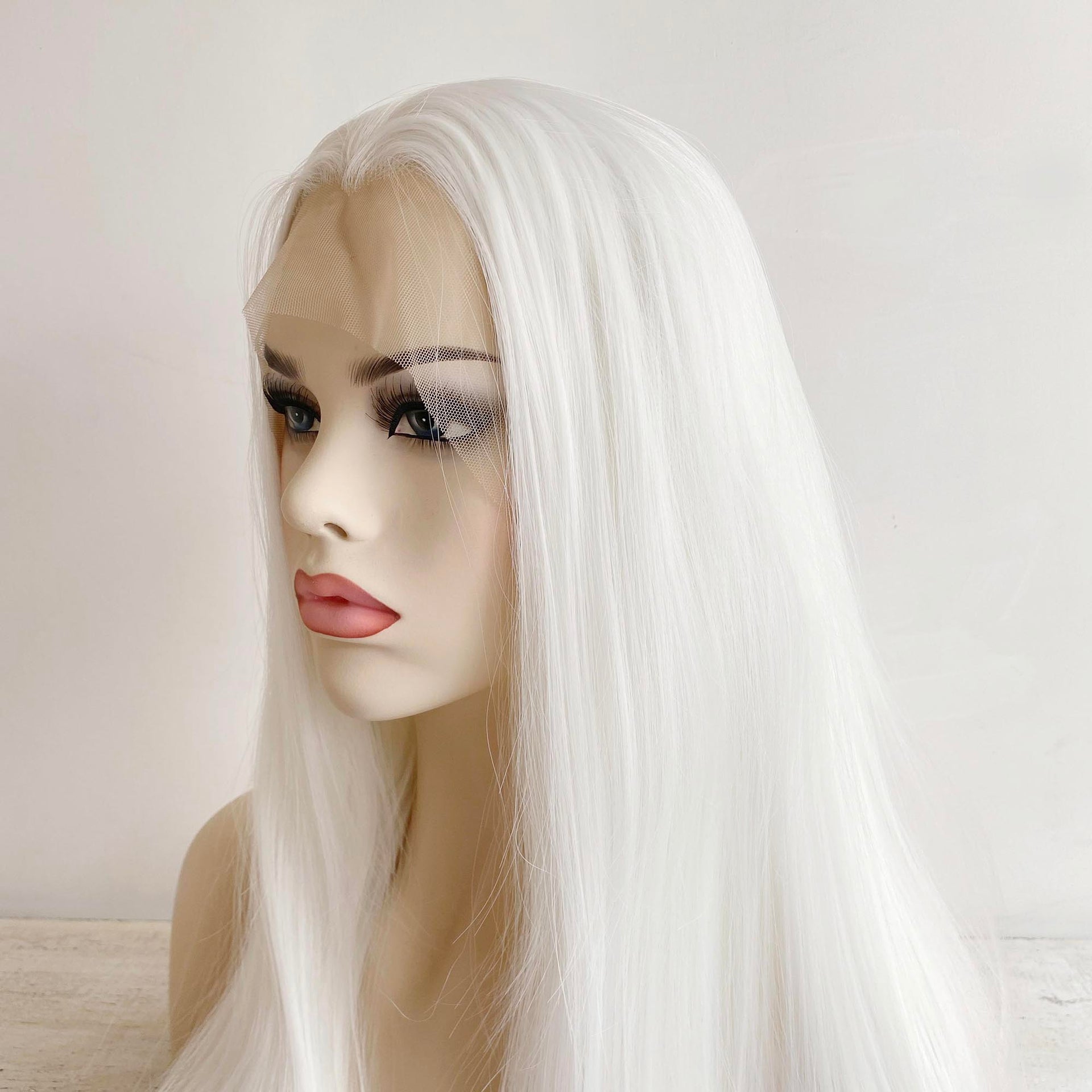 nevermindyrhead Women White Lace Front Long Straight Widow's Peak Hairline Slicked Back Hair Wig