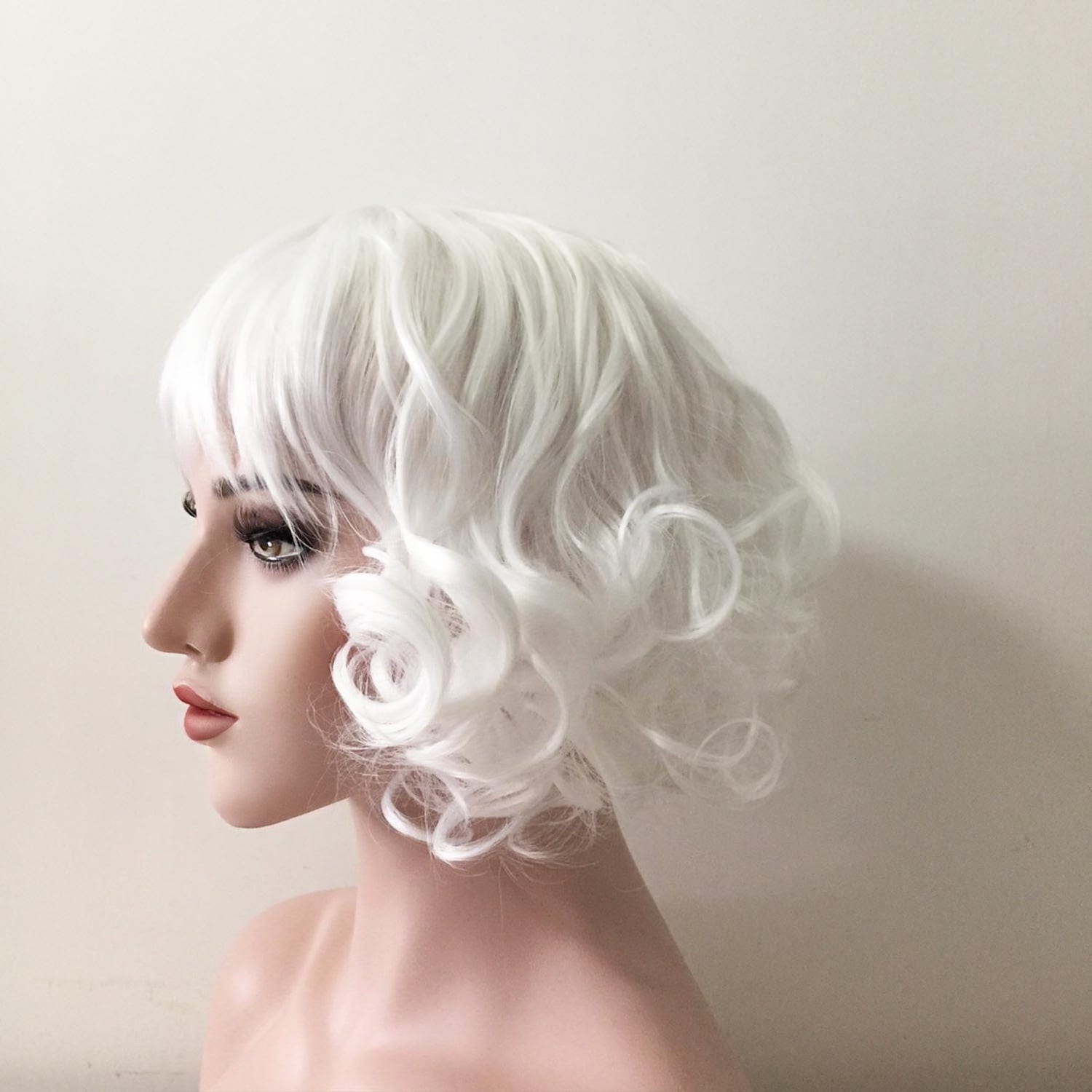 nevermindyrhead Women White Short Curly Fringe Bangs Lolita Wig