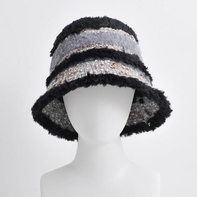Women Winter Black Bucket Hat Fashion Stripe Pattern Elegant Tweed Knit