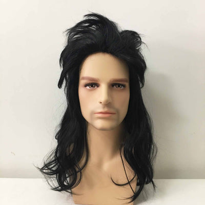 Men Black Long Straight Mullet Retro 70's Punk Cosplay Wig
