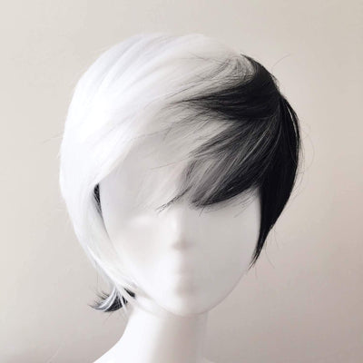 Men Black White Split Colors Short Straight Fringe Bangs Cosplay Wig