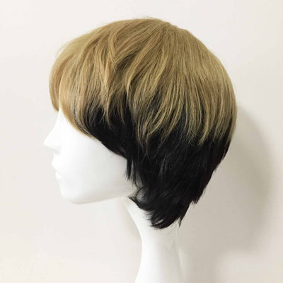 Men Blonde Black Two Tone Short Straight Fringe Bangs Wig