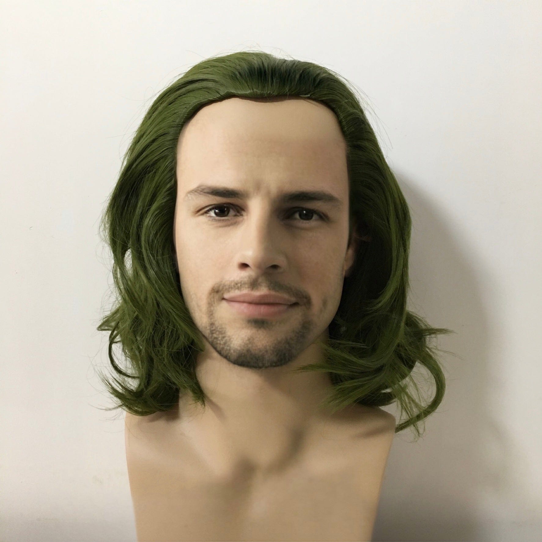 nevermindyrhead Men Green Medium Length Curly Slick Back Cosplay Wig