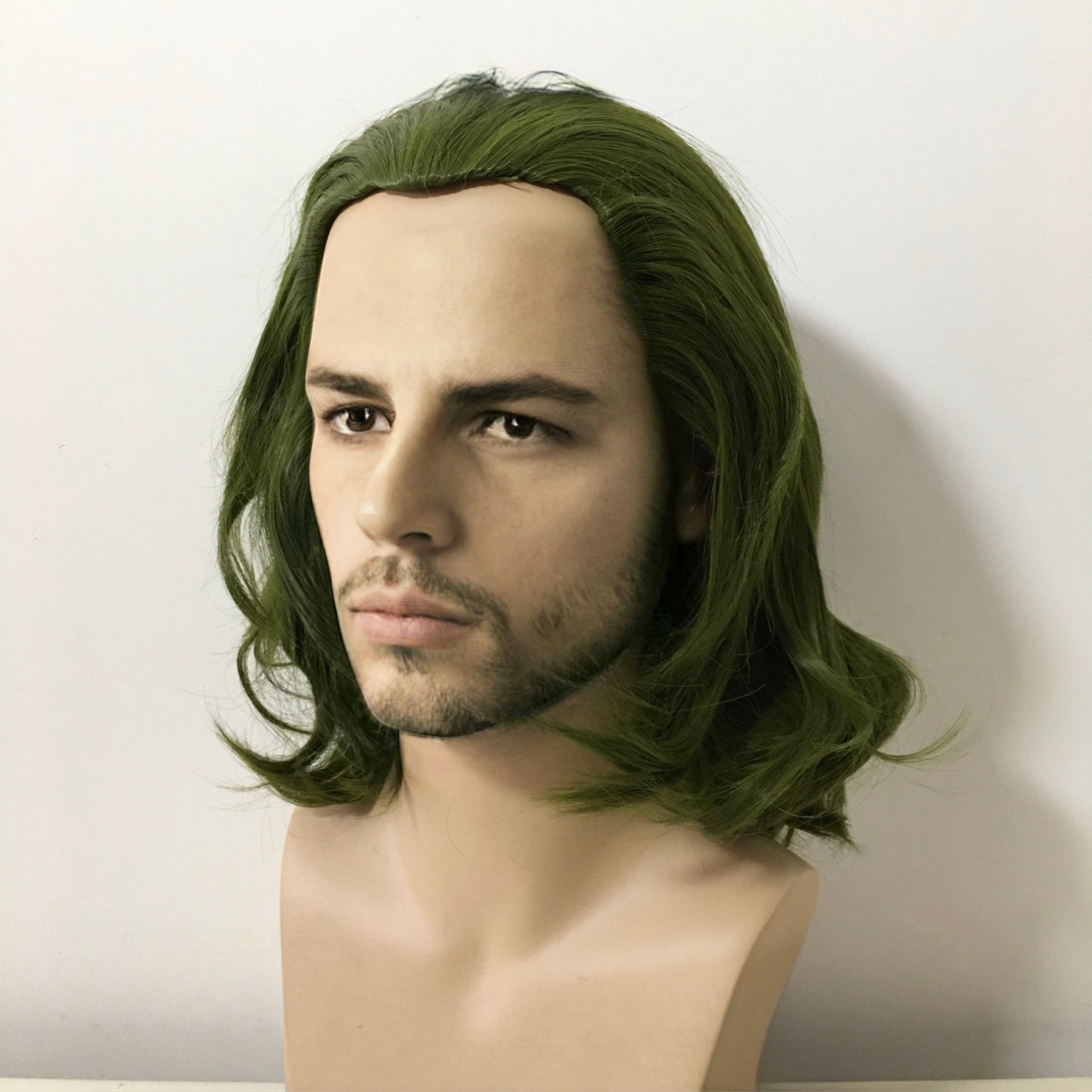 nevermindyrhead Men Green Medium Length Curly Slick Back Cosplay Wig