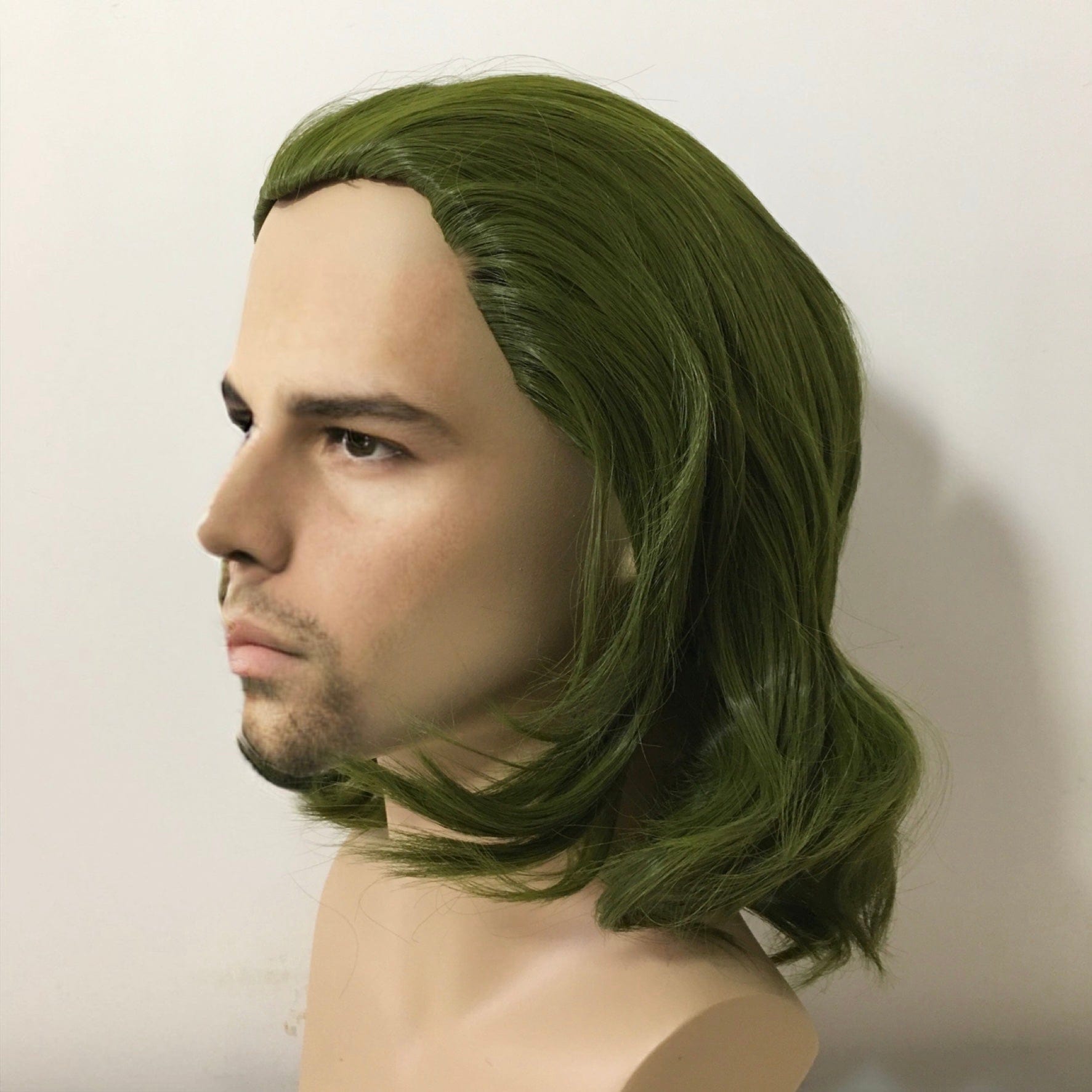 nevermindyrhead Men Green Medium Length Curly Slick Back Cosplay Wig