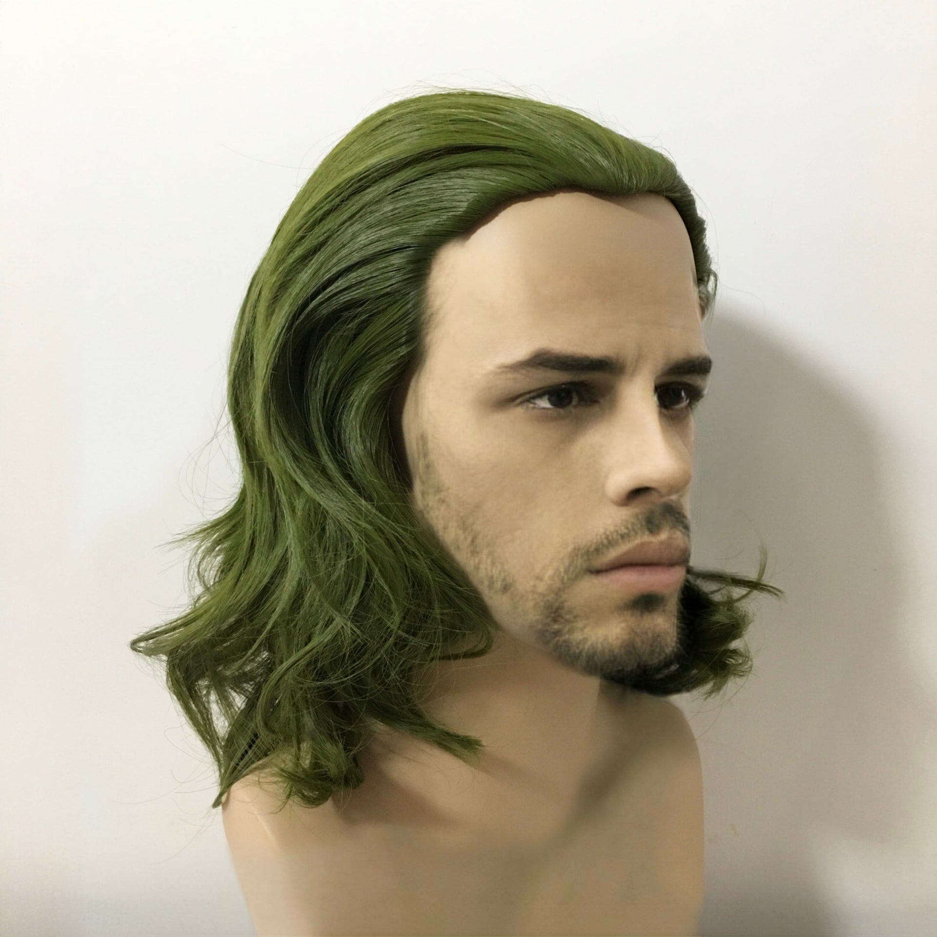 nevermindyrhead Men Green Medium Length Curly Slick Back Cosplay Wig