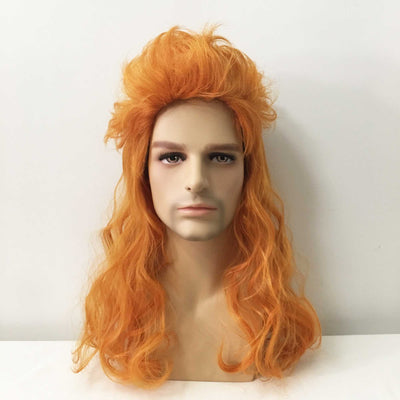 Men Orange Long Curly Punk Mullet Slicked Back Retro Cosplay Wig