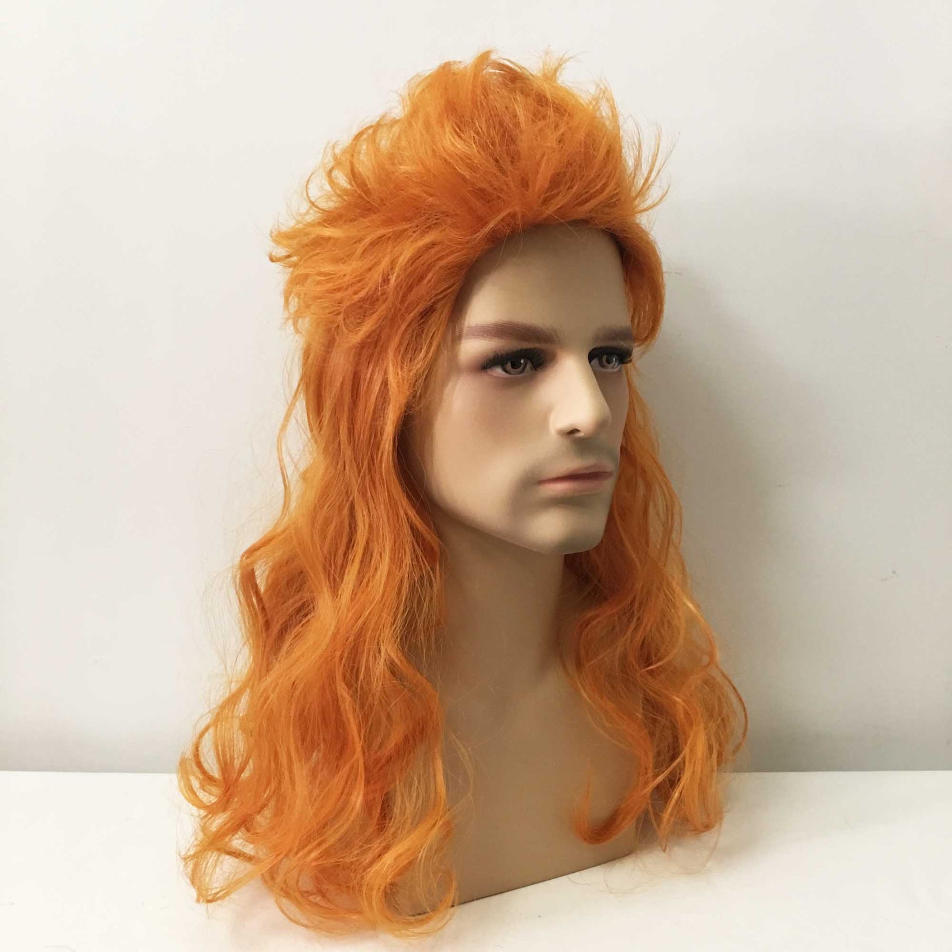 nevermindyrhead Men Orange Long Curly Punk Mullet Slicked Back Retro Cosplay Wig