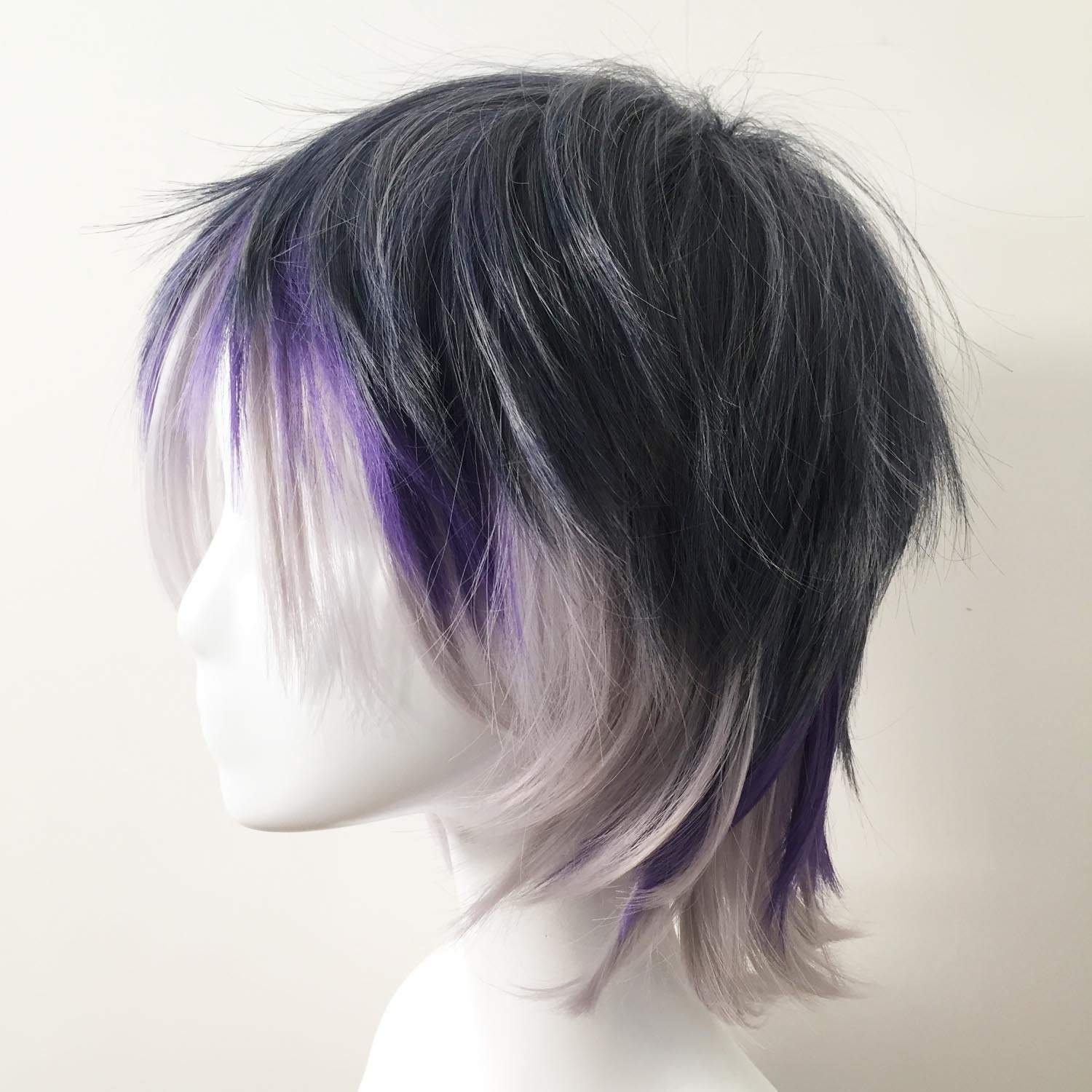 nevermindyrhead Men Purple Grey Ombre Two Tone Short Straight Fringe Bangs Cosplay Wig