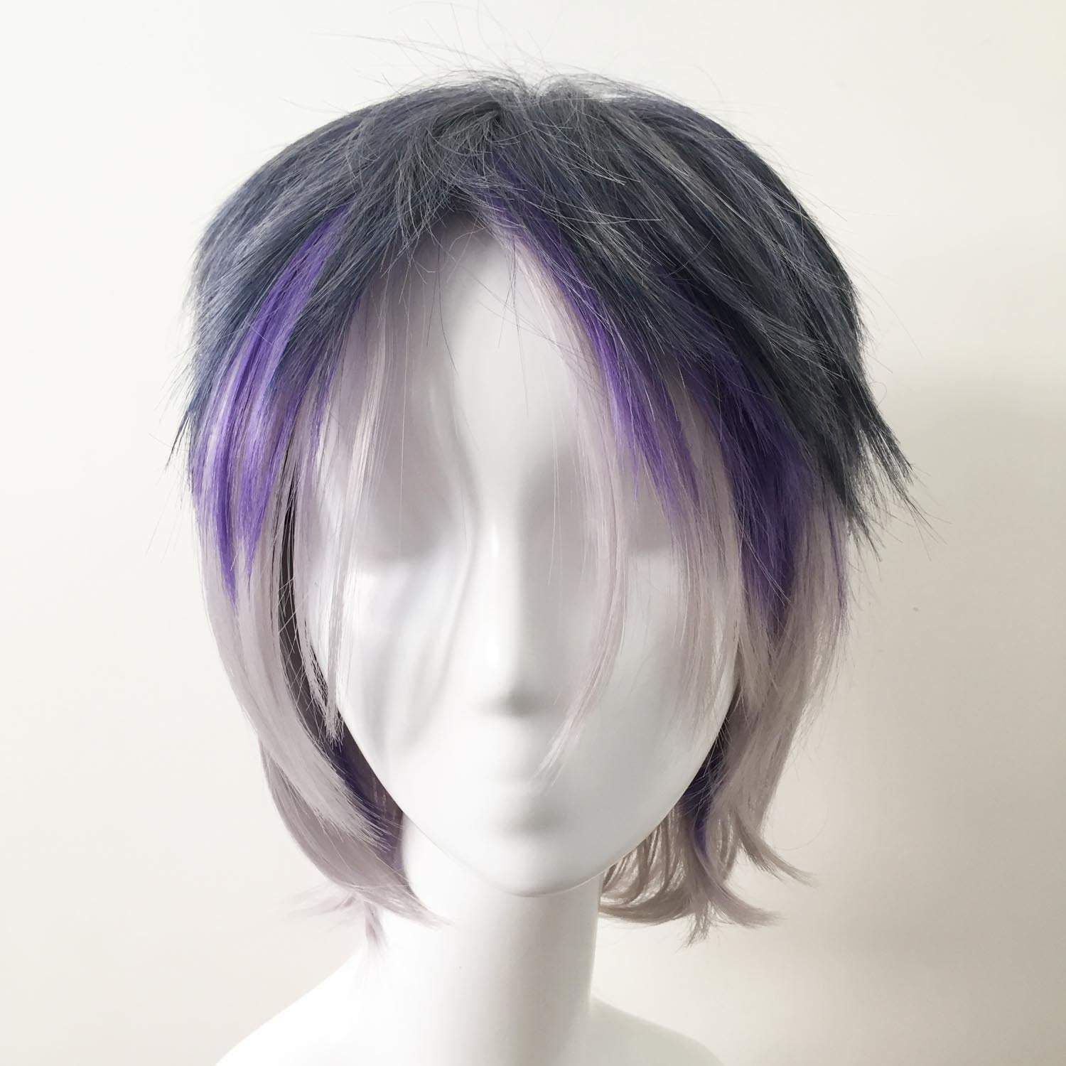 nevermindyrhead Men Purple Grey Ombre Two Tone Short Straight Fringe Bangs Cosplay Wig