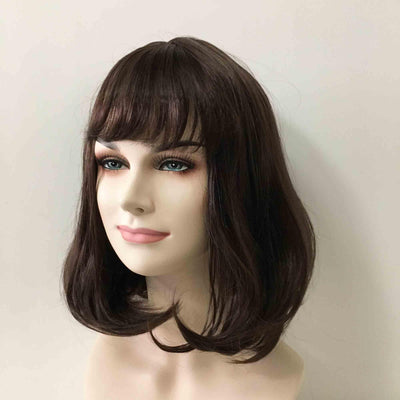 Women Dark Brown Medium Length Inward Curl Fringe Bangs Wig