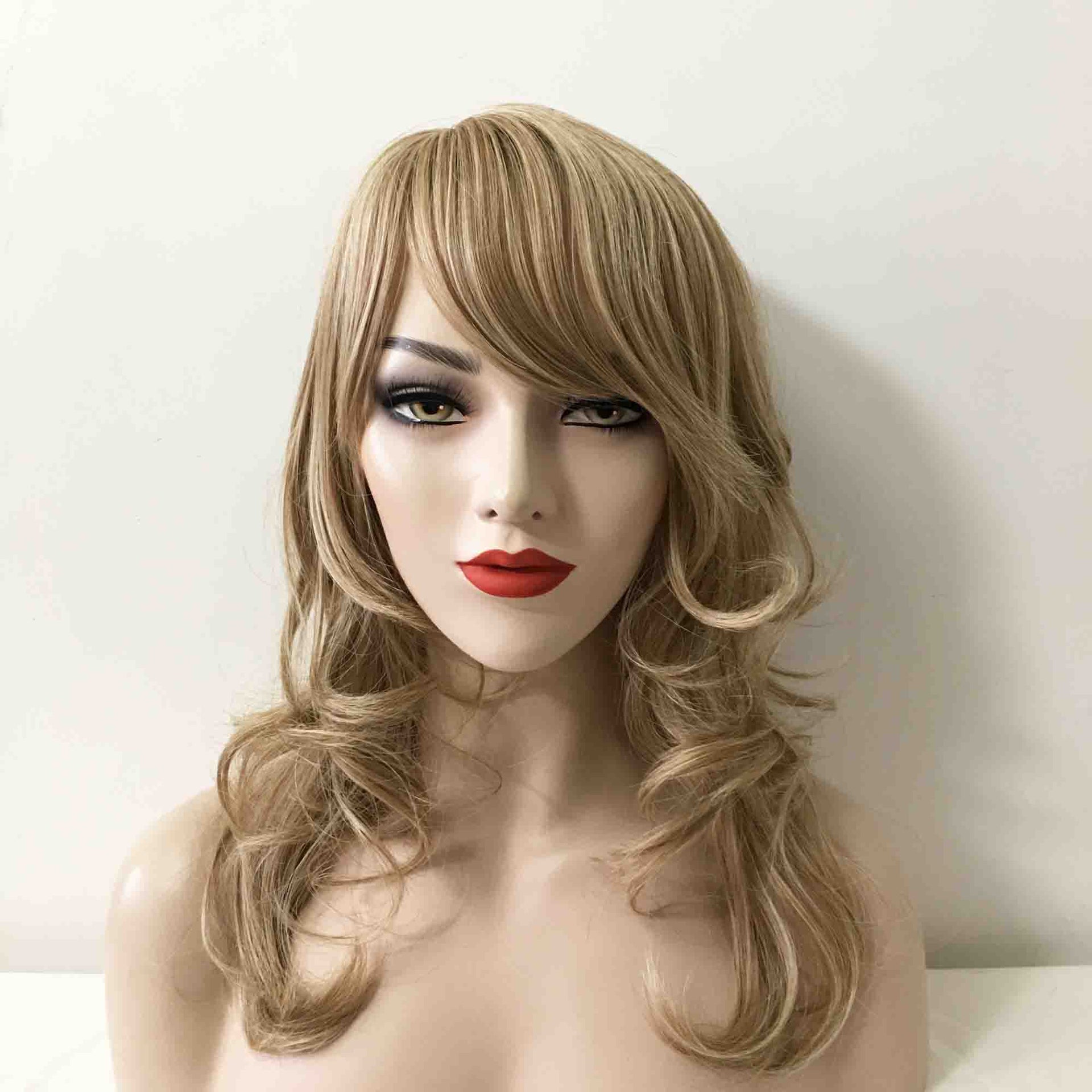 nevermindyrhead Women Ash Blonde Long Curly Side Part Fringe Bangs Layered Wig