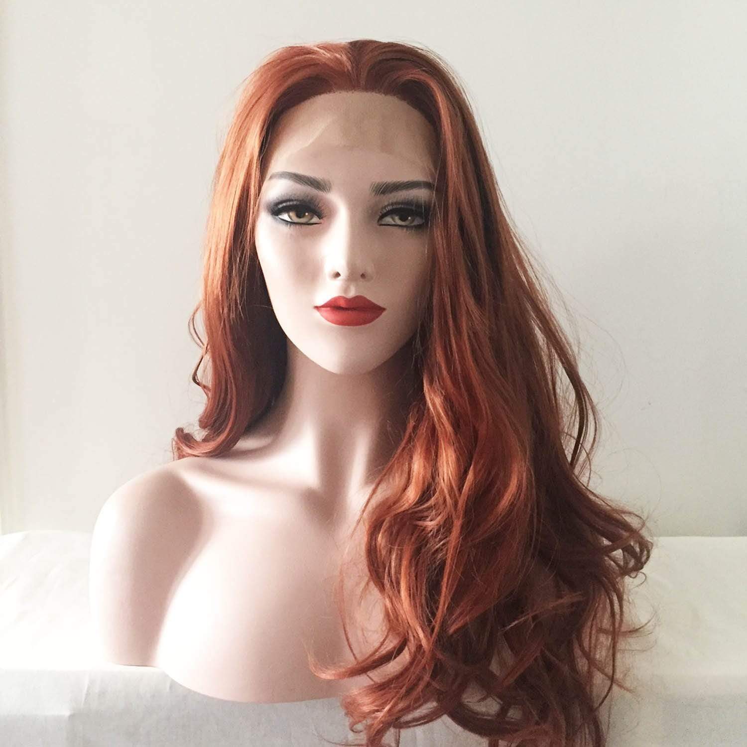 nevermindyrhead Women Auburn Ginger Red Lace Front Long Curly Free Part Wig