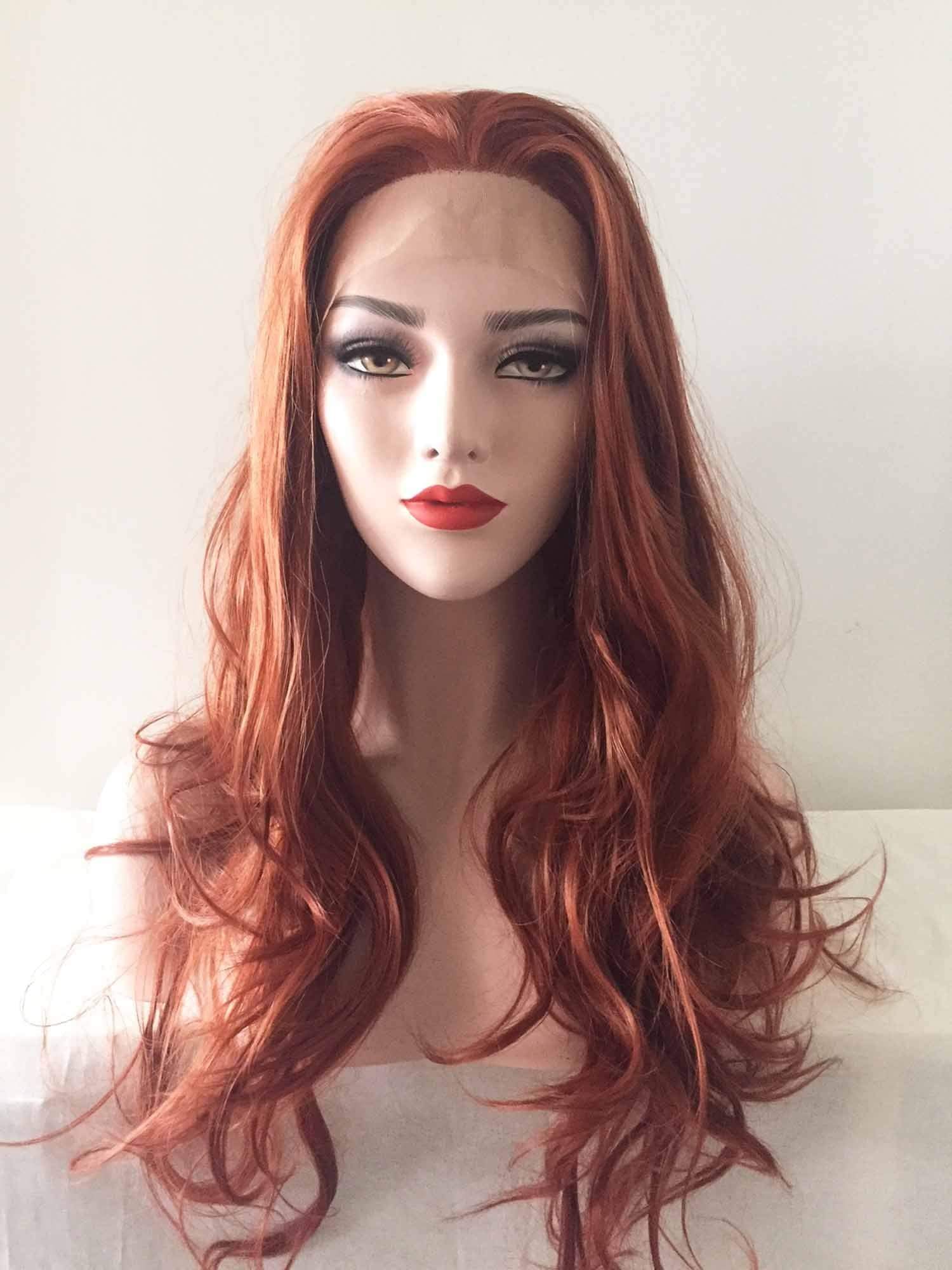 nevermindyrhead Women Auburn Ginger Red Lace Front Long Curly Free Part Wig