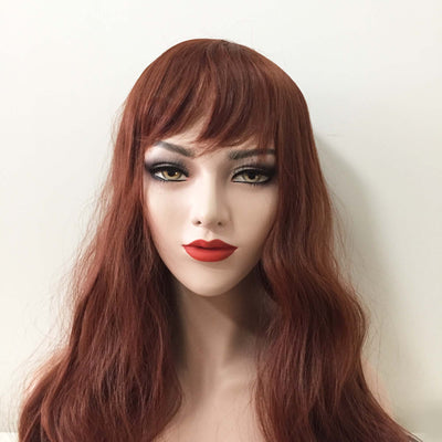 Women Auburn Dark Red Long Wavy Fringe Bangs Wig