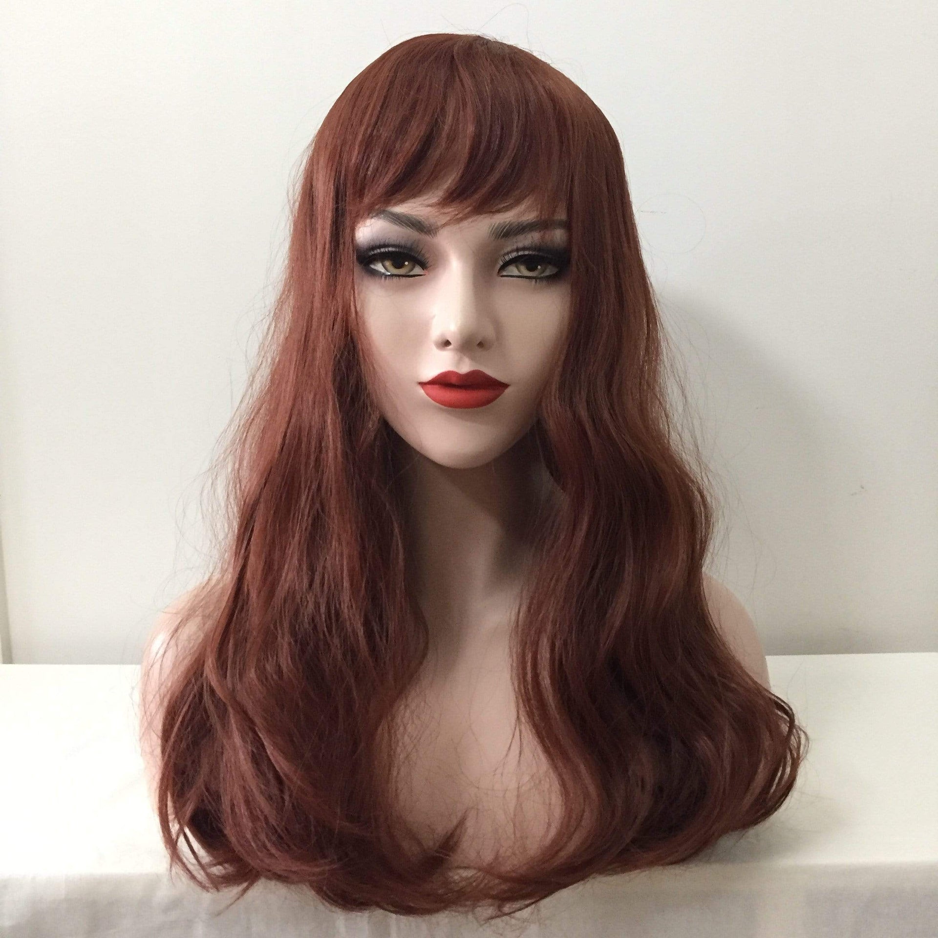 nevermindyrhead Women Auburn Dark Red Long Wavy Fringe Bangs Wig