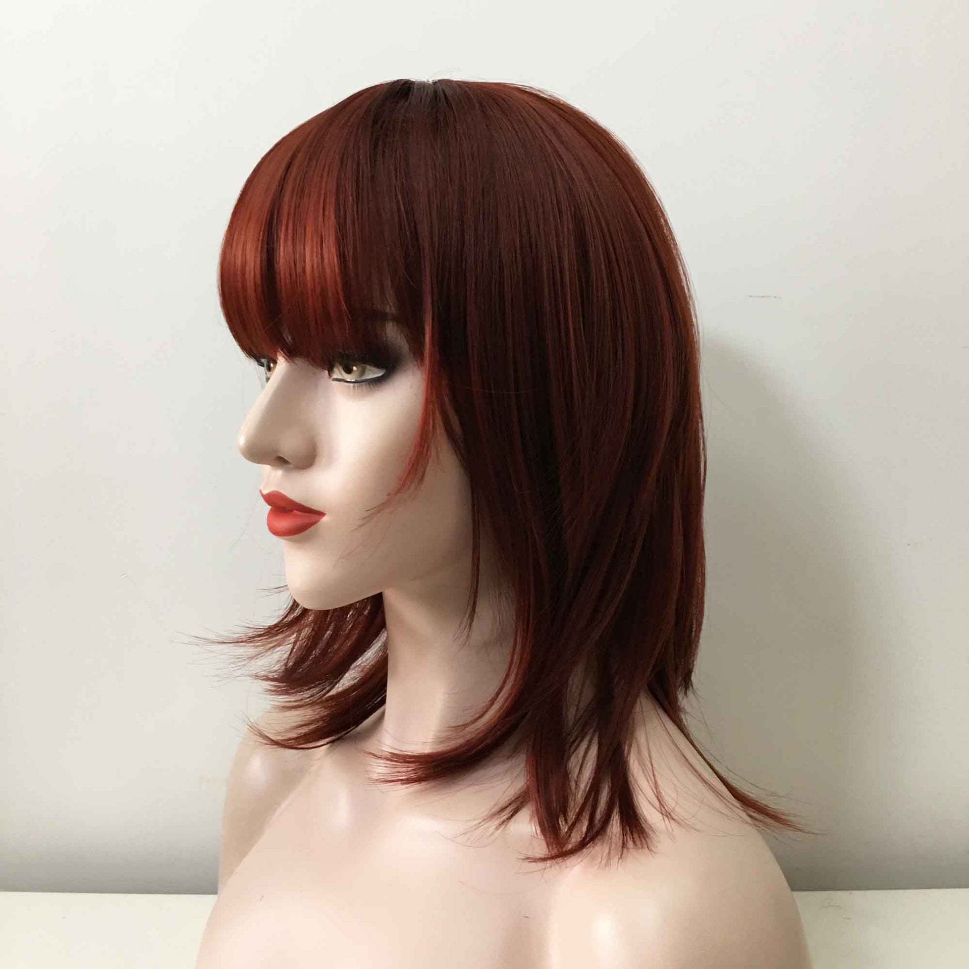 nevermindyrhead Women Auburn Dark Red Medium Length Blunt Bangs Layered Wig