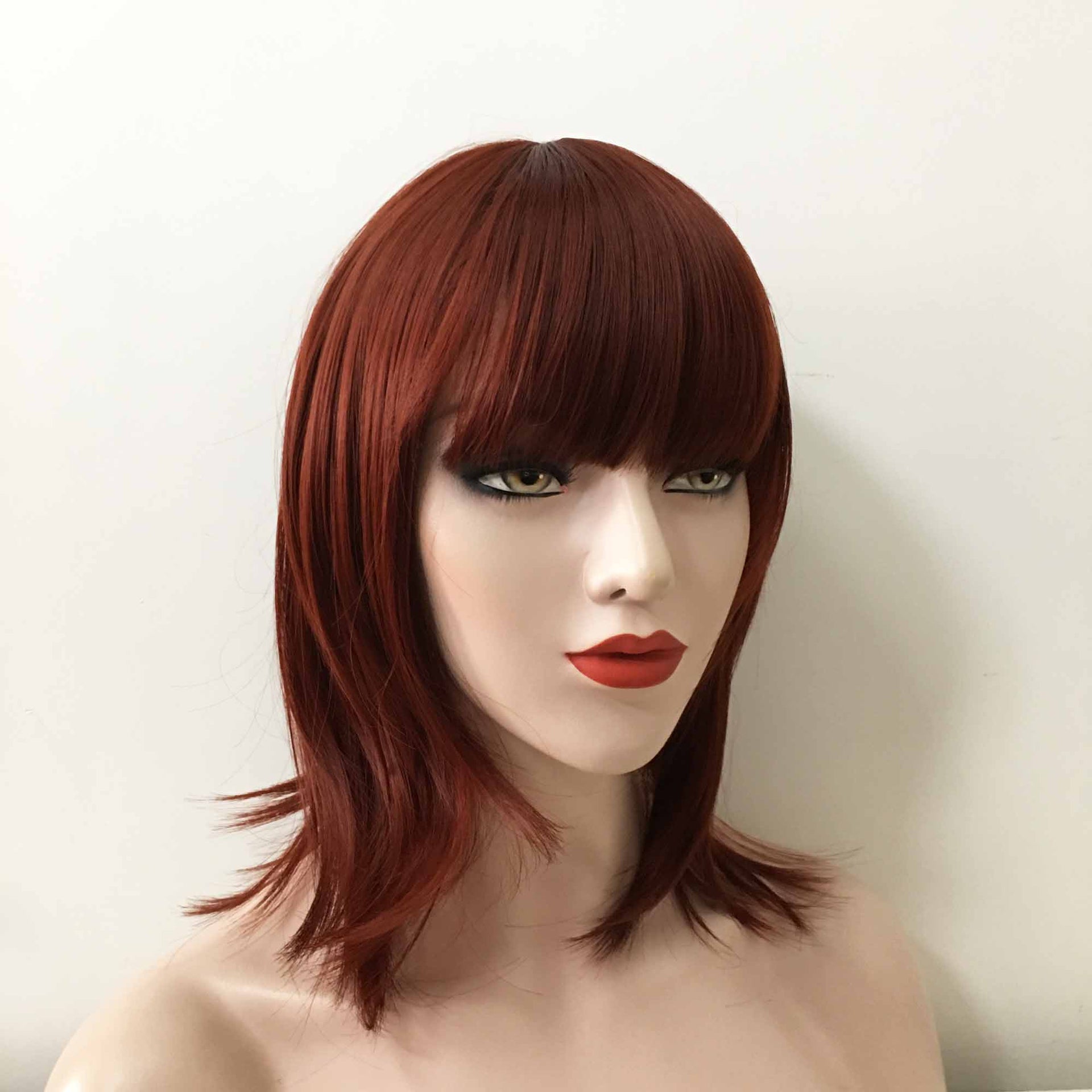 nevermindyrhead Women Auburn Dark Red Medium Length Blunt Bangs Layered Wig
