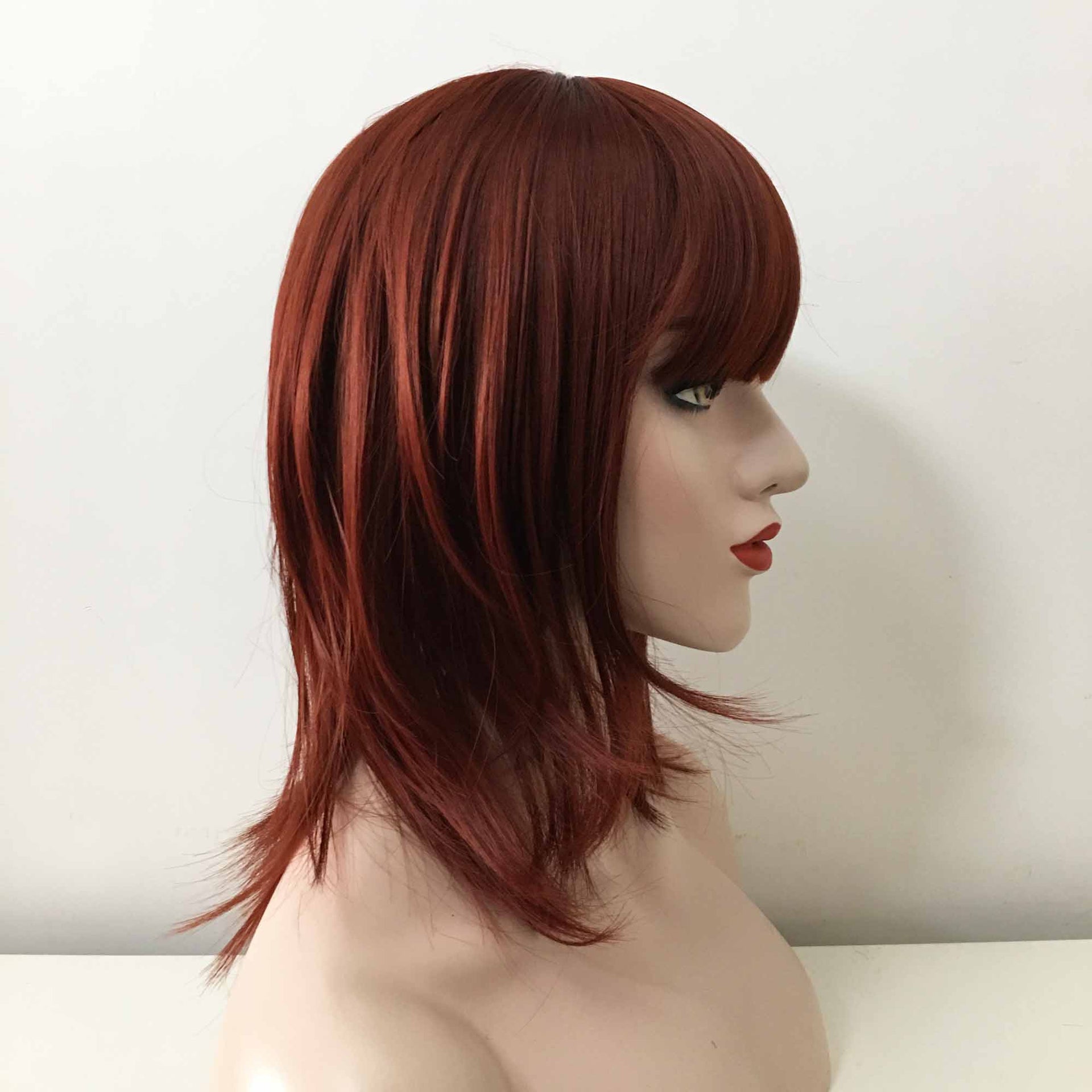 nevermindyrhead Women Auburn Dark Red Medium Length Blunt Bangs Layered Wig