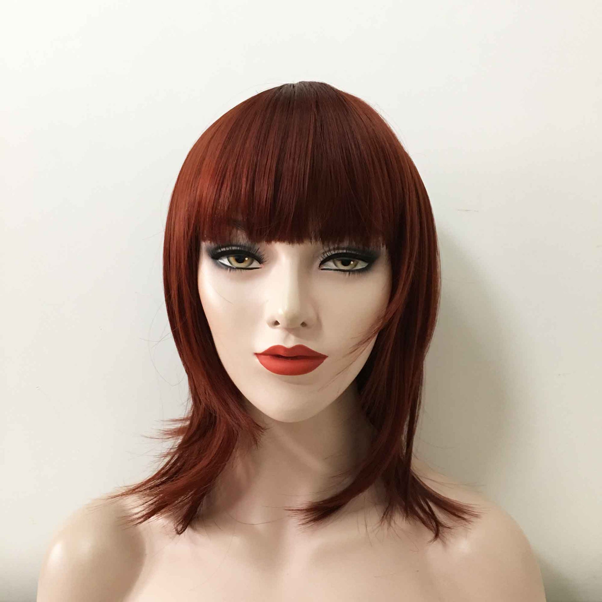 nevermindyrhead Women Auburn Dark Red Medium Length Blunt Bangs Layered Wig