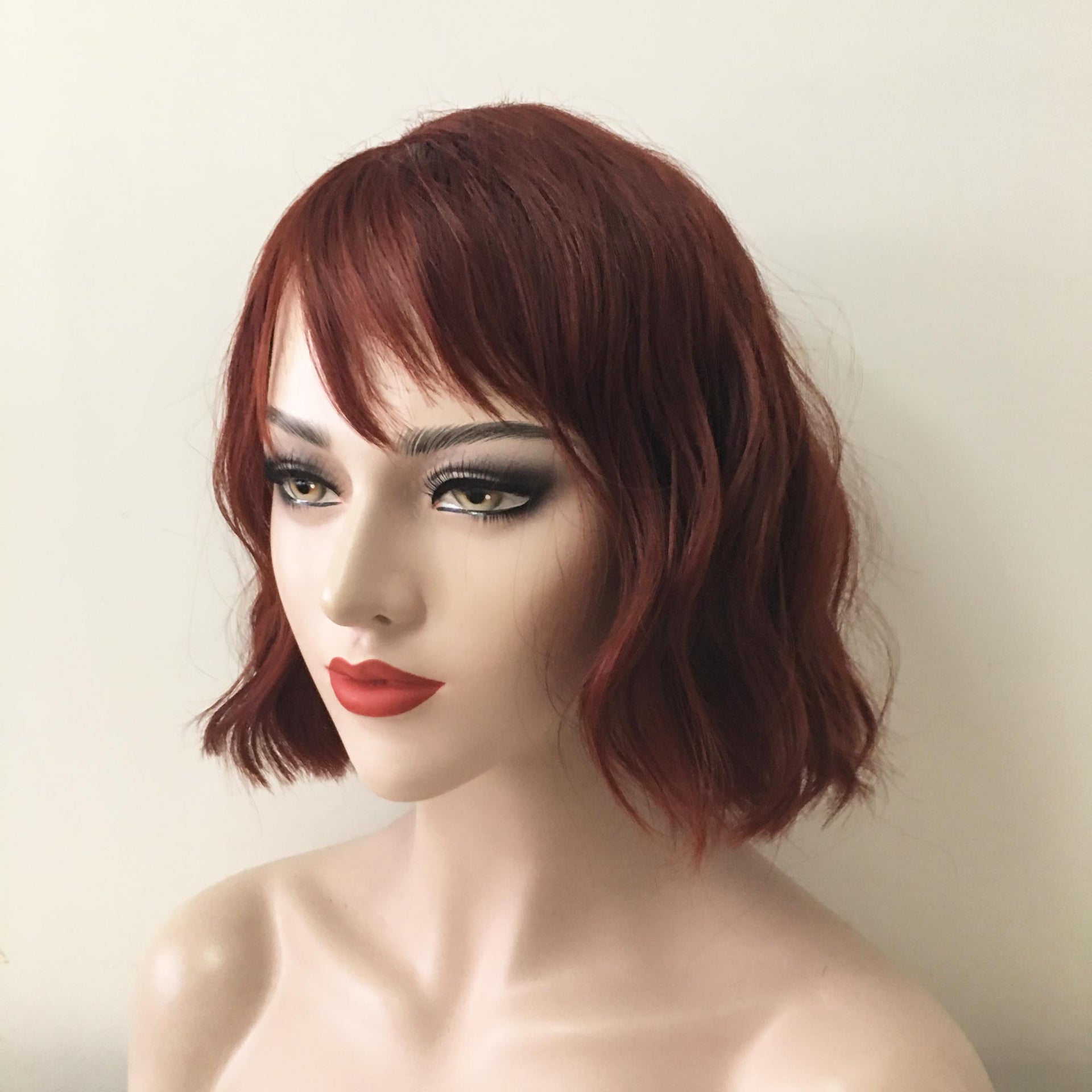 nevermindyrhead Women Auburn Dark Red Short Wavy Bob Fringe Bangs Wig