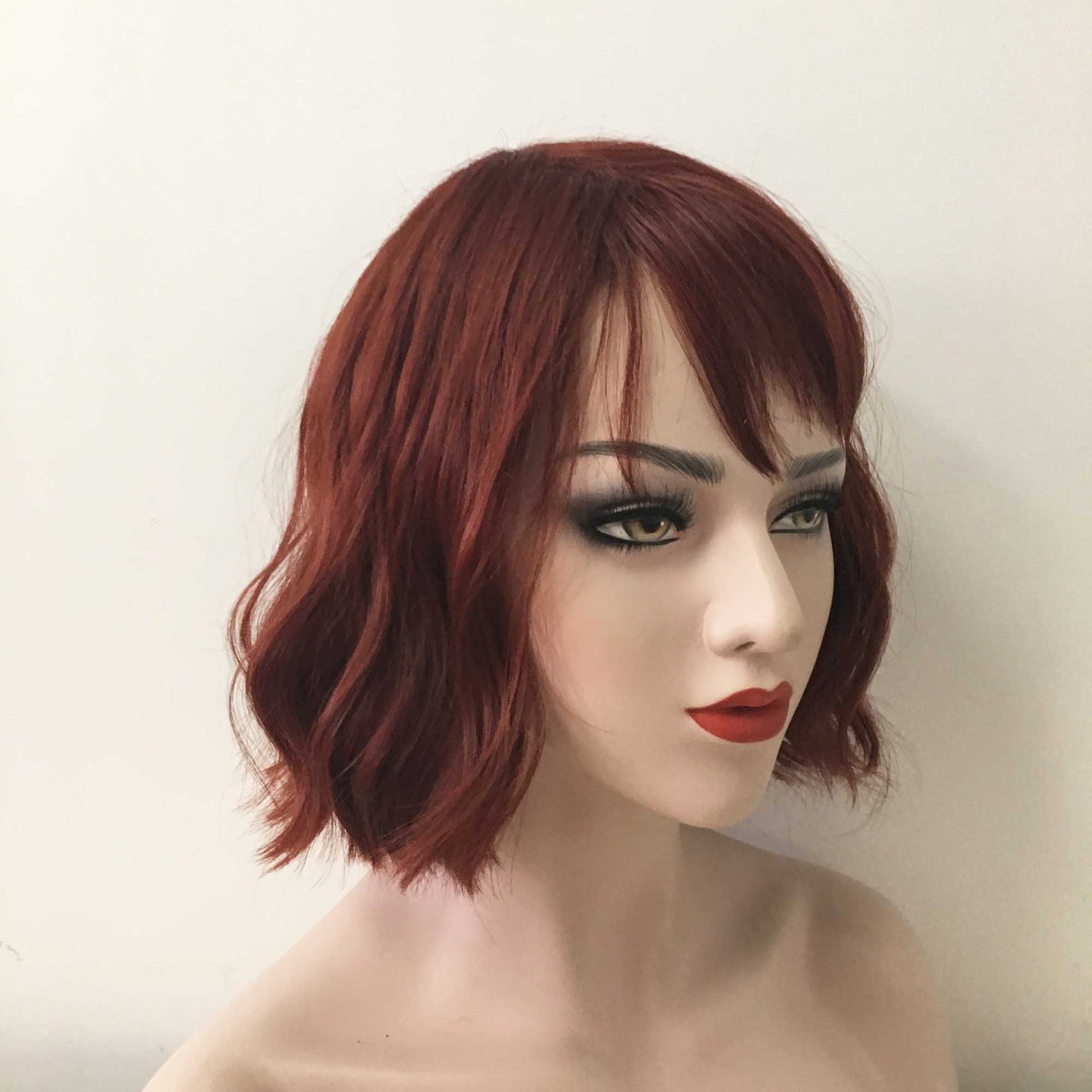 nevermindyrhead Women Auburn Dark Red Short Wavy Bob Fringe Bangs Wig