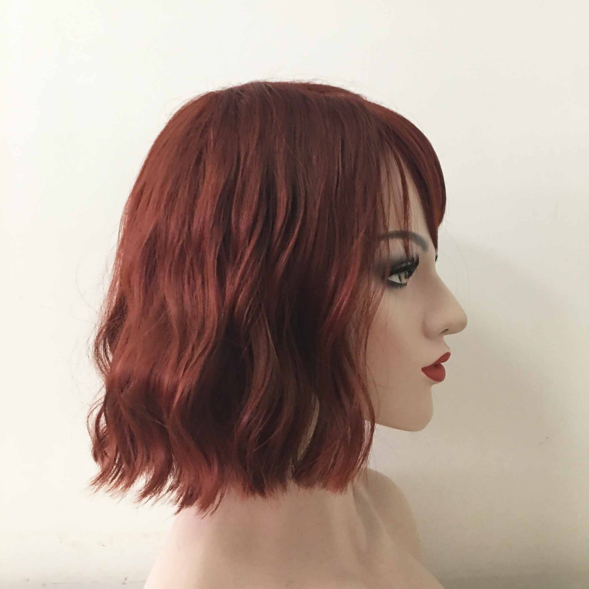 nevermindyrhead Women Auburn Dark Red Short Wavy Bob Fringe Bangs Wig